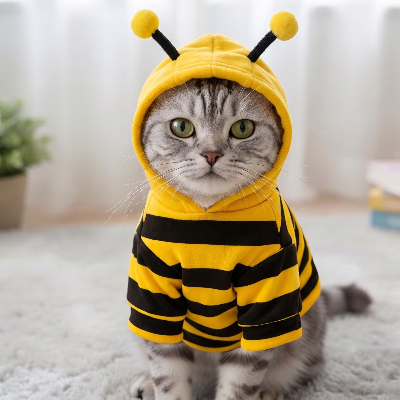 Gray tabby cat in bee costume
