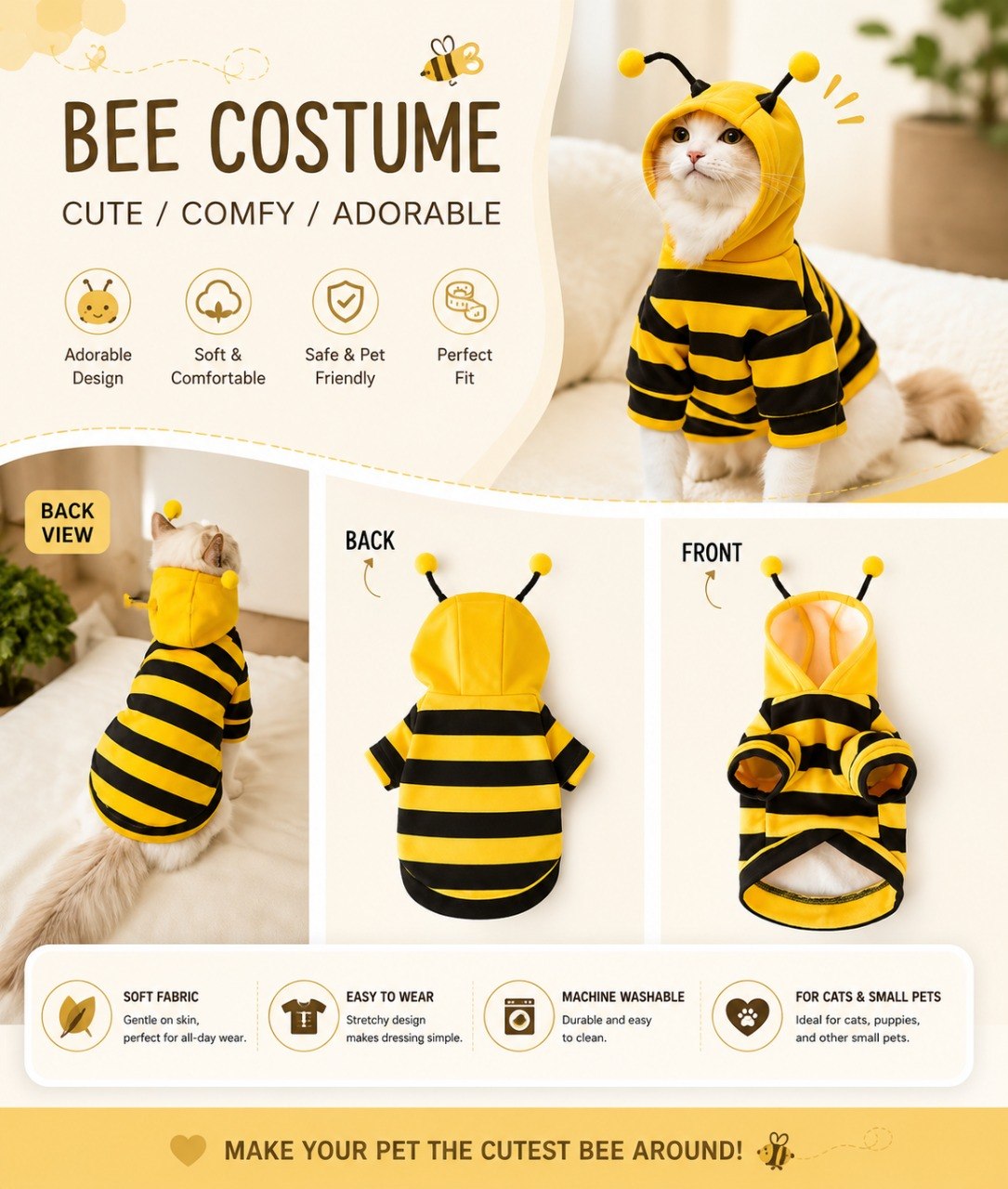 Cat bee costume infographic with front and back views
