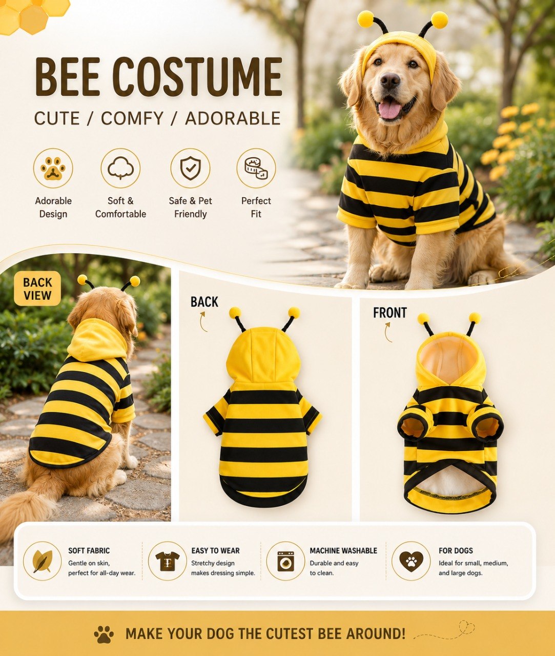Dog bee costume infographic with front and back views
