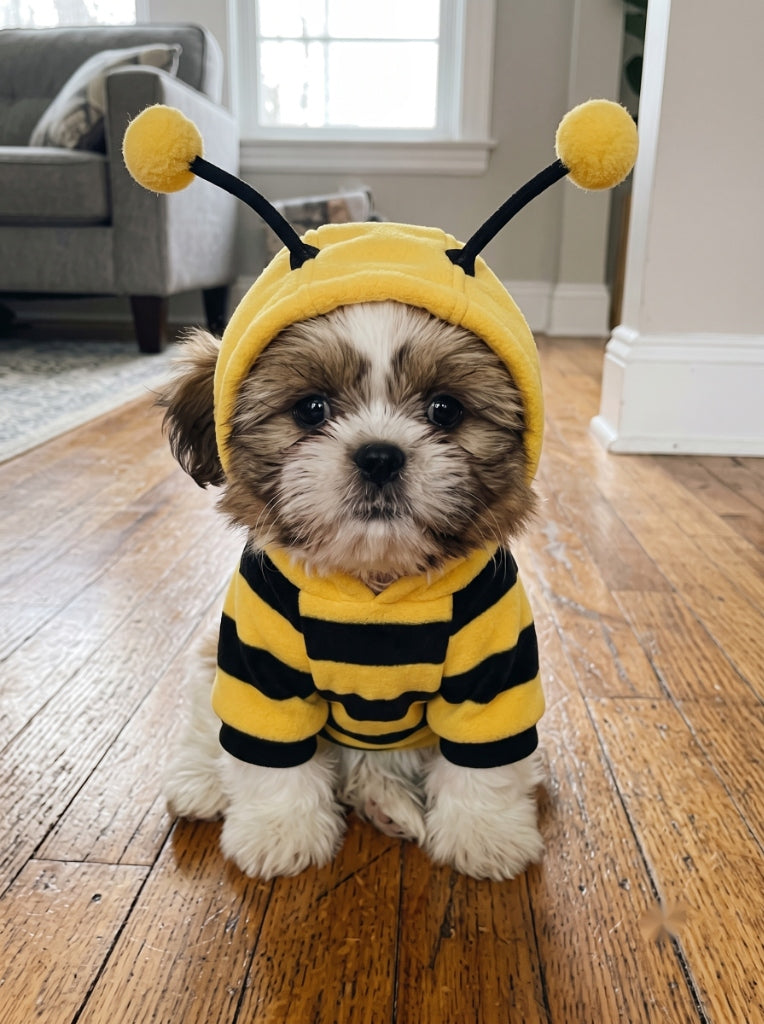 Fluffy Shih Tzu puppy wearing BEEPAW bee costume