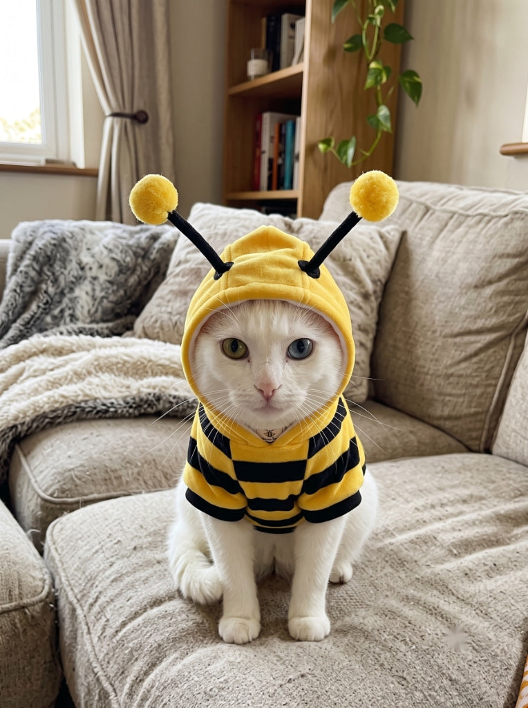 Odd-eyed white cat wearing BEEPAW bee costume